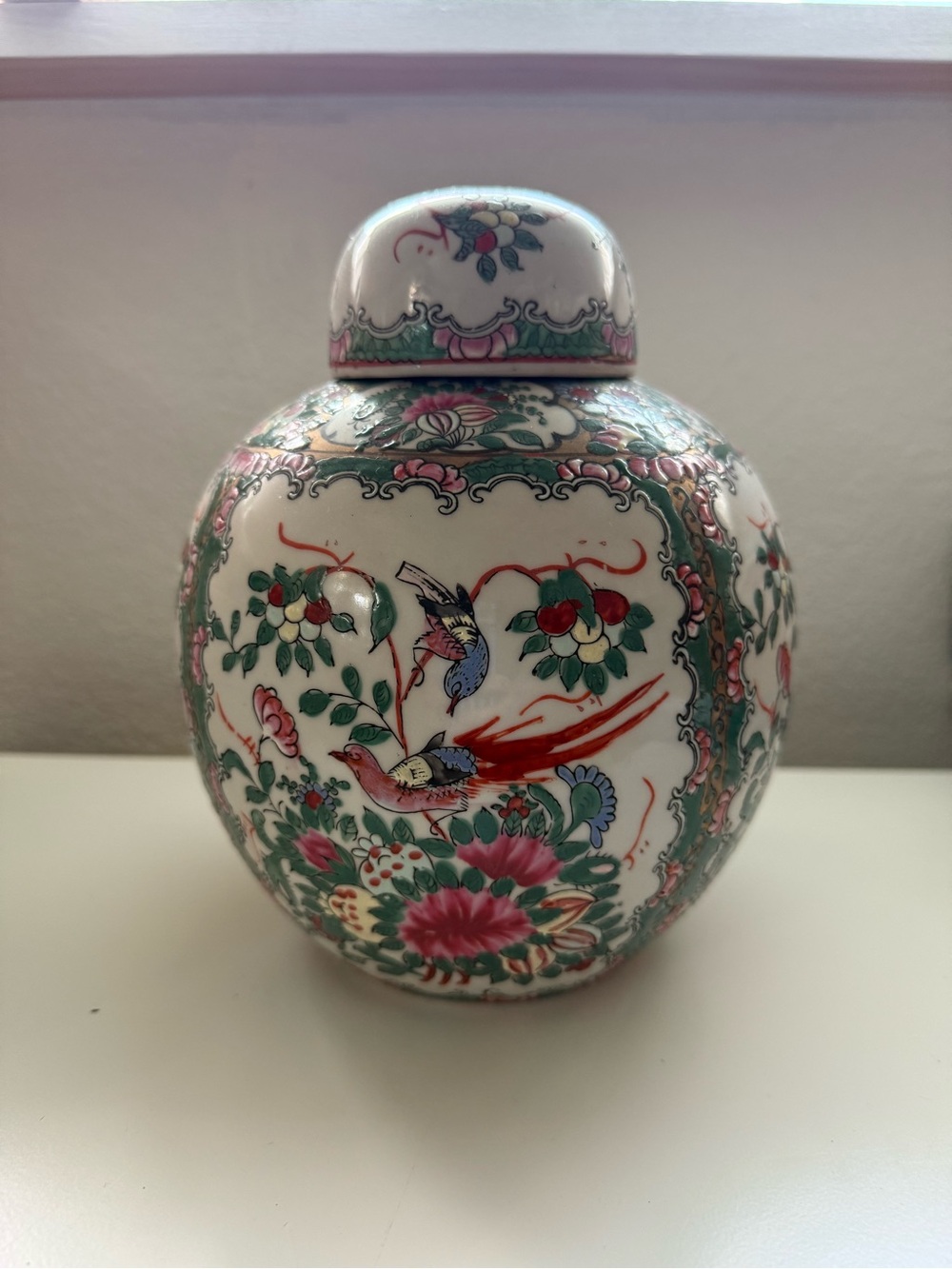 Vintage Floral & Bird Porcelain Ginger Jar - White, Green, Red